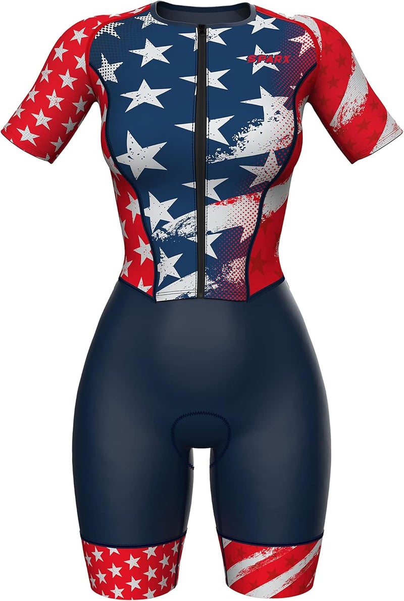 sparx Aero Triathlon Suit Women Short Sleeve Tri Suit Women Running Swimming Cycling Skinsuit (US Flag, Small) - Image 2